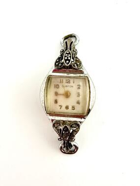 Vintage Clinton Ladies Mechanical Wrist Watch Art Deco Silver Tone Parts Repair
